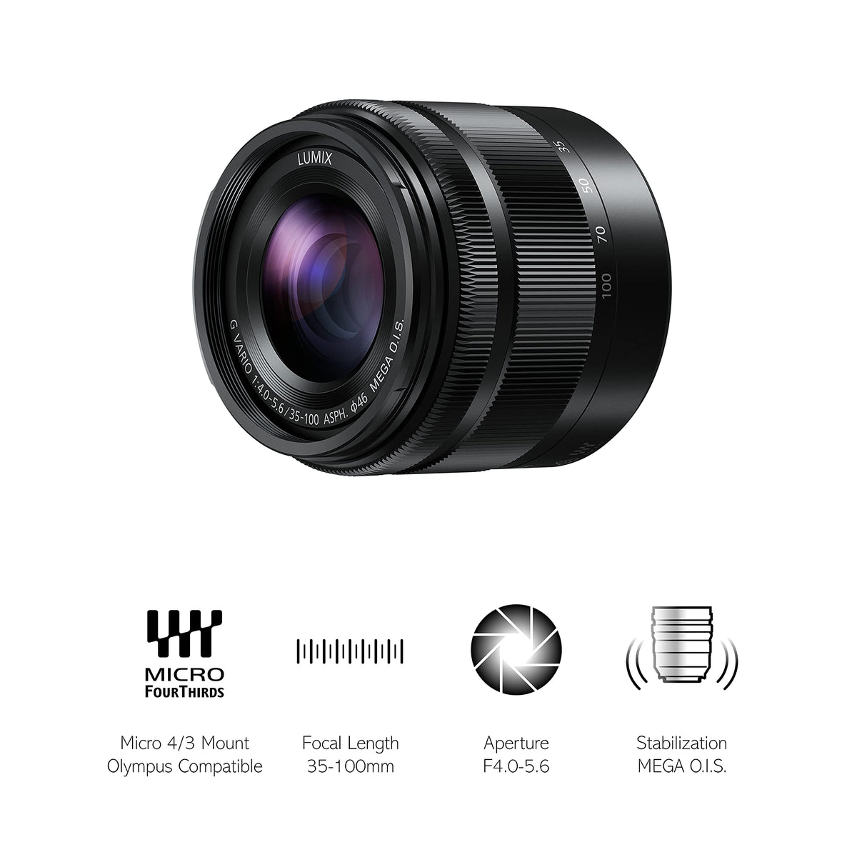 Panasonic LUMIX H-FS35100 - Objetivo Tele Zoom para cámaras de montura M4/3 (Focal 35-100 mm, F4-F5.6, tamaño filtro 46 mm, MEGA O.I.S), negro