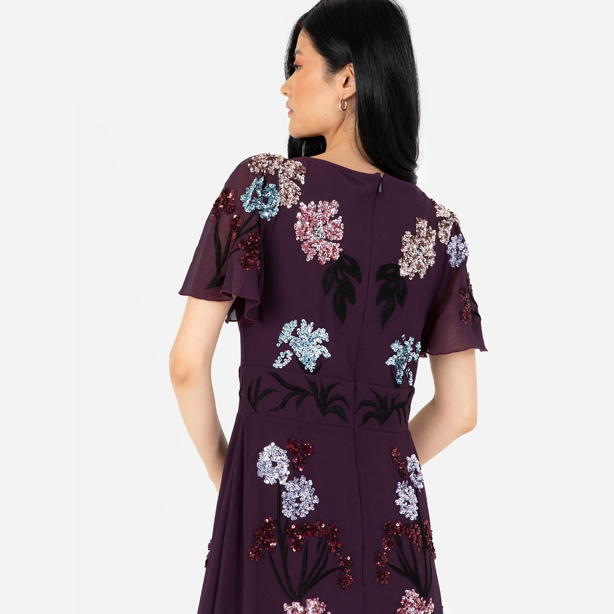Maya Deluxe Women's Maxi Dress Ladies Embroidered Sequin Embellished Button Front Split for Wedding Guest Bridesmaid Prom Evening Vestidos, Berry, 48 De Las Mujeres