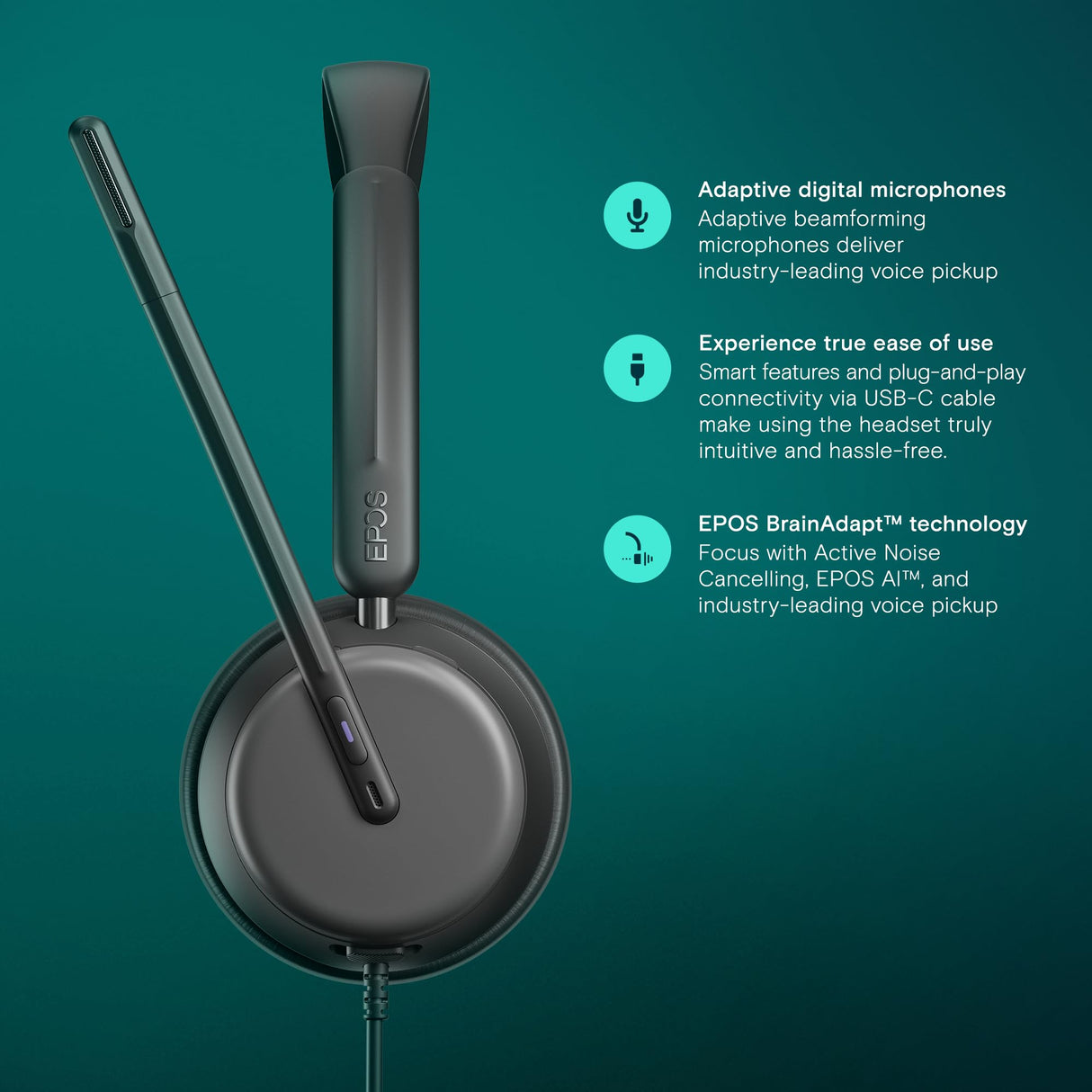 EPOS Impact 860T ANC Auriculares con Cable de Doble Auricular con Cancelación Activa de Ruido, Certificado Teams, USB-C y USB-A, Super Wideband Audio, para Oficina, Zoom, Trabajo Remoto e Híbrido