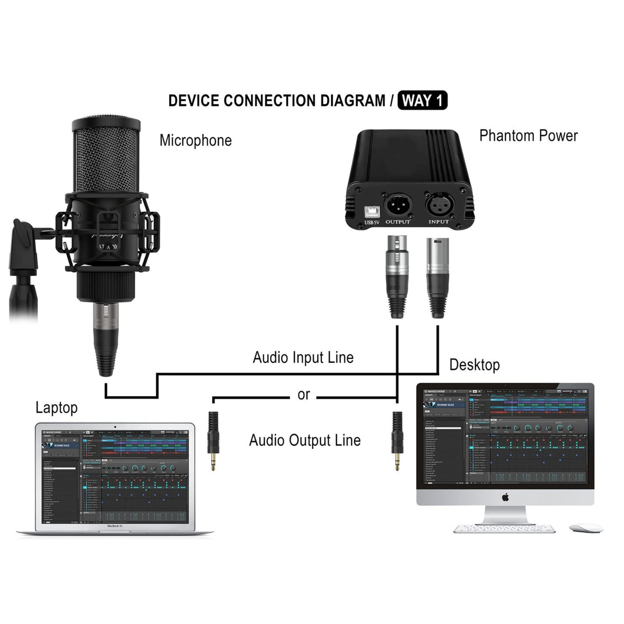 Audibax AT2020 - Microfono de Condesandor de Estudio - Incluye Cable XLR, Soporte de Mesa y Araña, Antivientos y Maletín - Respuesta en Frecuencia 50 Hz/20 KHz - Micrófono con Patrón Polar Cardioide