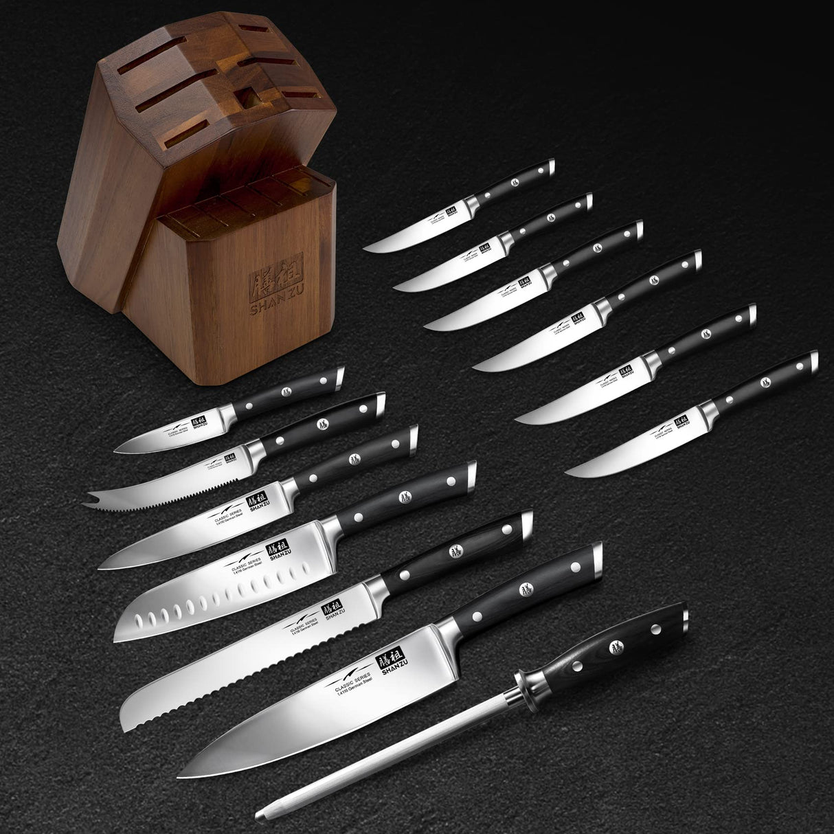 SHAN ZU - Juego de cuchillos de cocina con bloque, 14 piezas, profesional de alto carbono alemán, juego de cuchillos con sacapuntas, juegos de cuchillos para cocina con bloque