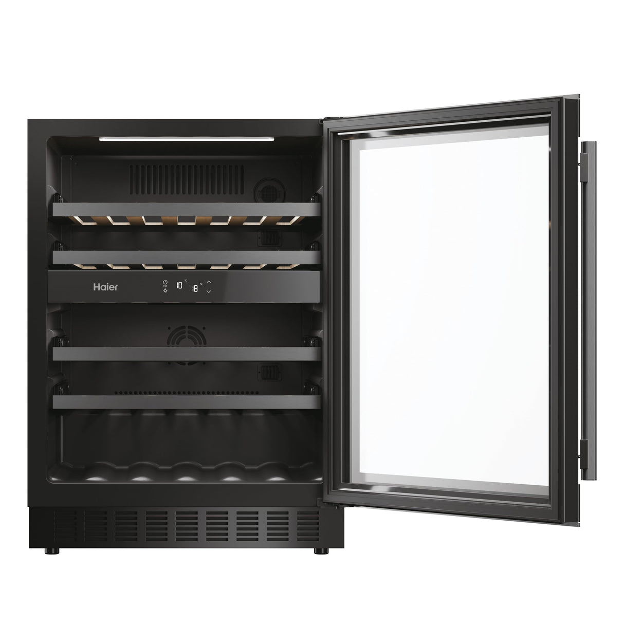 Haier Wine Bank 60 Series 6 HAKWBD 60 Vinoteca de integración de 44 botellas, 2 Zonas, Estantes de madera, Filtro Anti-UV, Refrigeración por Compresor, Display Digital, Iluminación LED, 38 dbA Negra