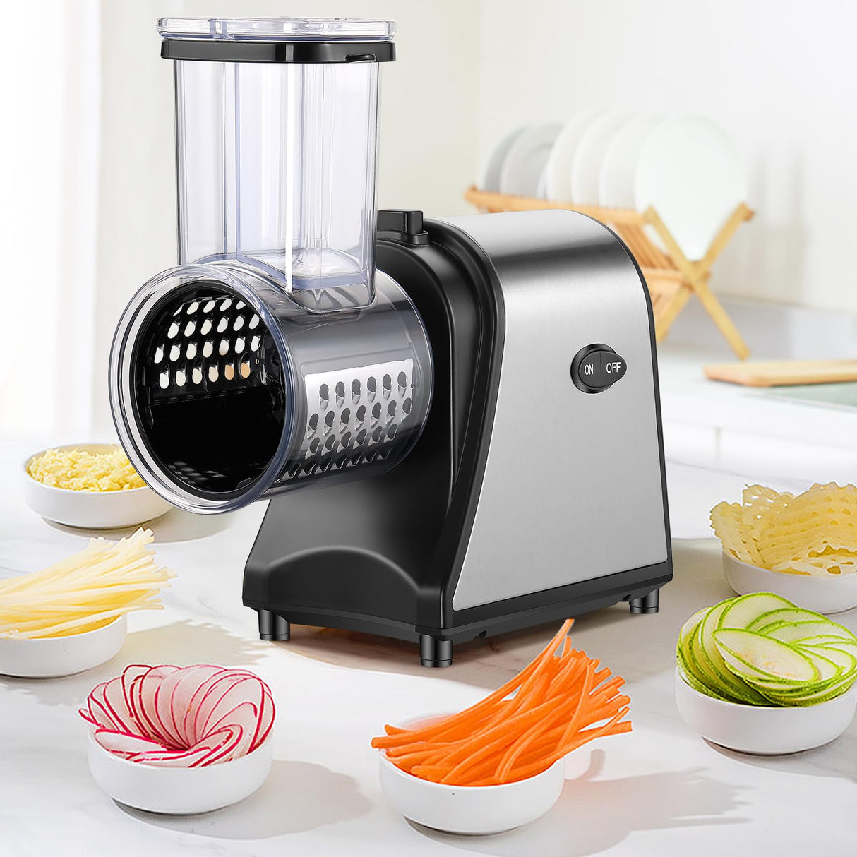 Cortadora Eléctrica de Verduras 250W, Rallador 5 en 1 con Amplia Boca de Llenado, Mandolina Multifuncional para Frutas, Verduras y Queso
