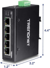 Trendnet, TI-G50, Switch DIN-Rail Industrial Ethernet Gigabit de 5 Puertos, Capacidad de conmutación de 10 Gbps, clasificación IP30 (-40 °C a 167 °F), Incluye Soportes para Montaje en Pared