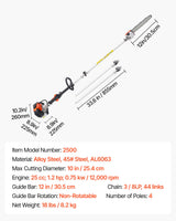 VEVOR Motosierra de Pértiga a Gasolina, Motosierra Inalámbrica de 25 cc y 2 Tiempos con Barra de Corte de 30,5 cm, Tanque de Combustible de 650 ml y Extensible de 2,12-3,62 m para Podar Árboles