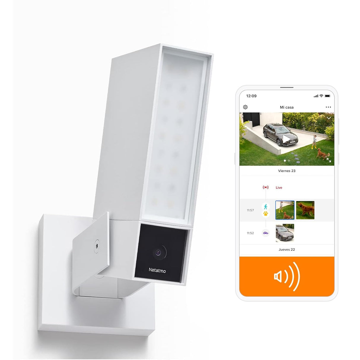 Netatmo Cámara Exterior Inteligente Netatmo Blanca con Sirena 105 dB, Iluminación Integrada, Detección de Movimiento, Visión Nocturna, WiFi, Seguridad para Hogar y Exterior - NOC-S-W-IB
