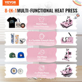 VEVOR 5 en 1 Máquina de Prensado por Calor con Prensa de Vaso de 887ml, 380 x 380 mm, Prensa Térmico con Giro de 360° y Control Digital Preciso para Camisetas, Tazas, Sombreros y Platos, Rosa