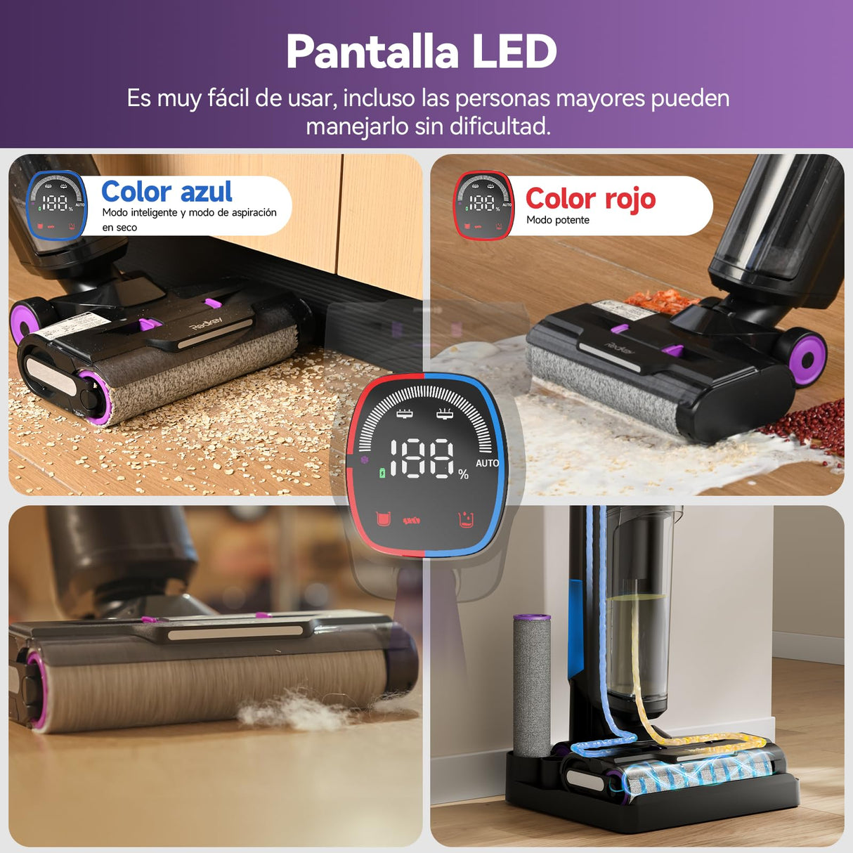 Redkey W15 Aspirador Vertical Fregona Sin Cable Agua, Aspirador Barredor 3 en 1, Potente Absorción de Agua y Polvo, Placa Única de 5mm, 35min Larga Autonomía, Pantalla LED, Limpieza Automática