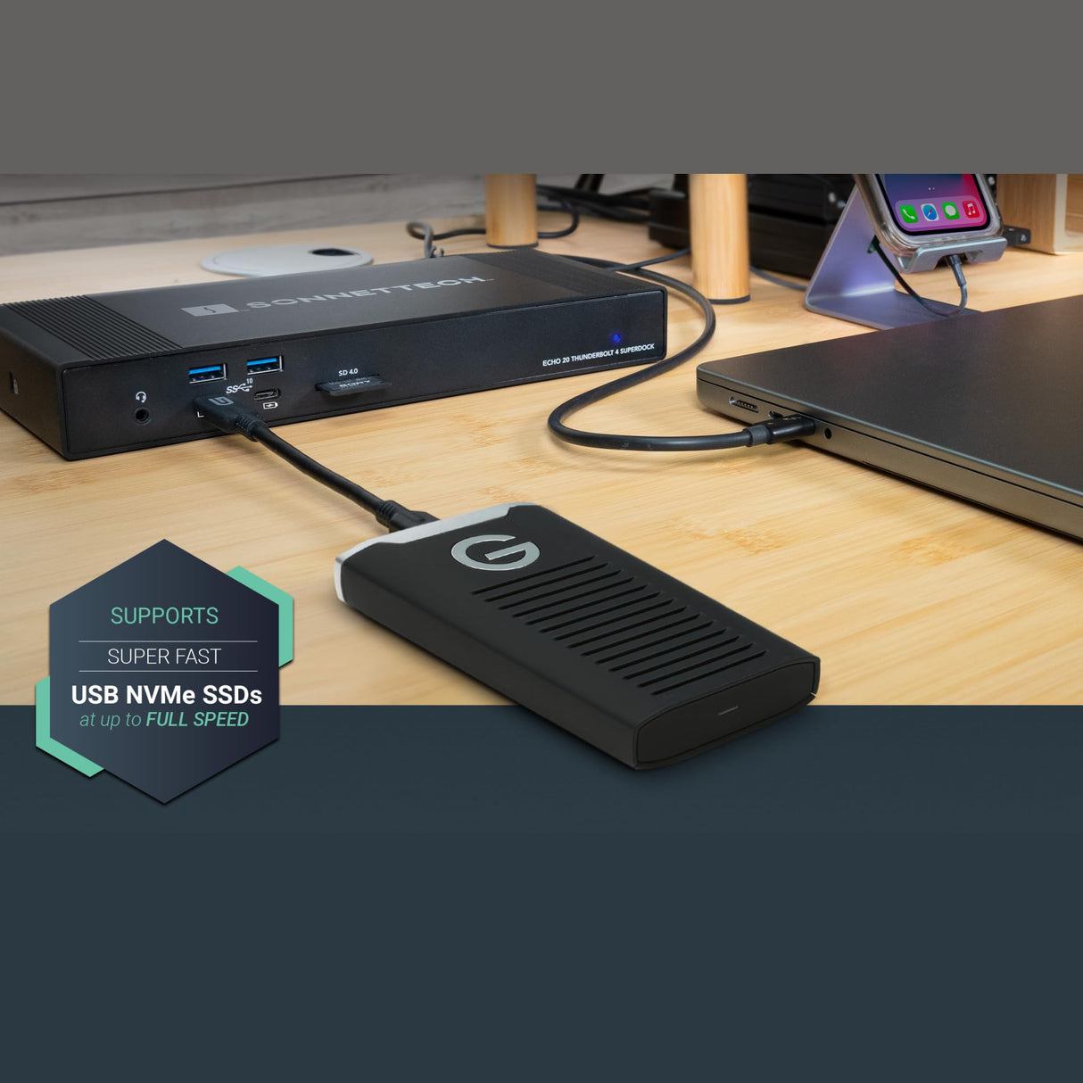 Sonnet Echo 20 Thunderbolt 4 SuperDock – Estación de Acoplamiento con 3 Thunderbolt 4, HDMI 2.1, 8 USB 10Gbps, Ethernet 2.5Gb, SSD NVMe, SD UHS-II, Carga 100W – Compatible con Mac, PC, iPad
