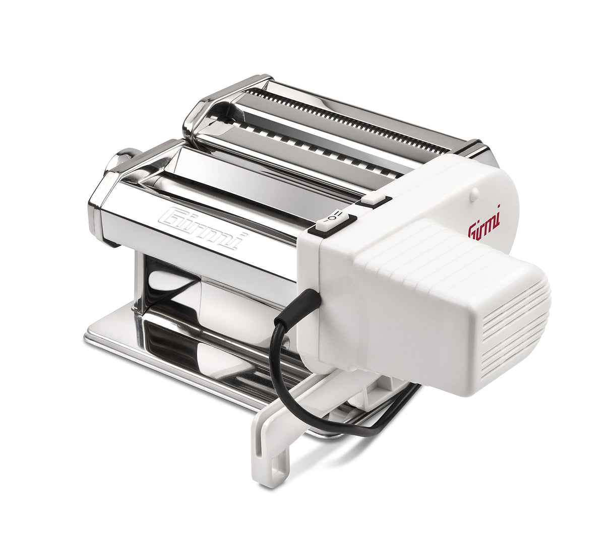 Girmi IM91 Máquina de pasta eléctrica, 90 W, Cuerpo en Acero Inoxidable, 2 velocidades y Pulse, 2 accesorios intercambiables, 5 formatos de pasta, Blanco