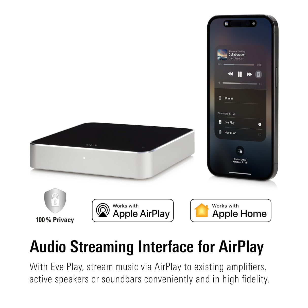 Eve Play – Interfaz de Streaming de Audio para AirPlay, Streaming de Calidad para Sistema Hi-Fi, Compensación de latencia, Tres Salidas de Audio, Apple Home, Ethernet, Wi-Fi