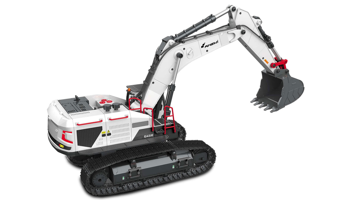 Amewi Excavadora G451E de Metal Parcial 1:14, RTR, Sonido, luz, Blanco RC Control Remoto