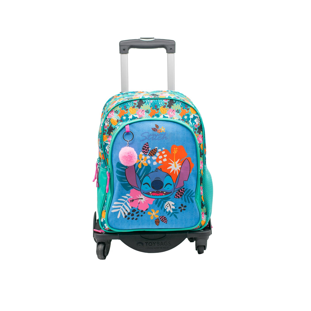 ToyBags Mochila Escolar Stitch Tropical - Doble Compartimento - CON ACCESORIO POM-POM - Adaptable + CARRO NEGRO PROTECCION LATERAL Y STOPER FRONTAL ANTI CAIDA 4 ruedas giratorias - 44 X 30 X 20 CM