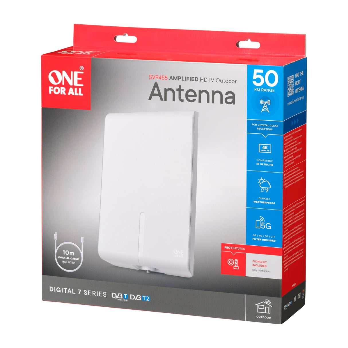 One For All - Antena de TV Exterior - Recibe TDT en un Rango de 50km - Antena Full HDTV Digital - Incluye Cable Coaxial de Alto Rendimiento - VHF/UHF - Filtro 3G/4G/5G - SV9455