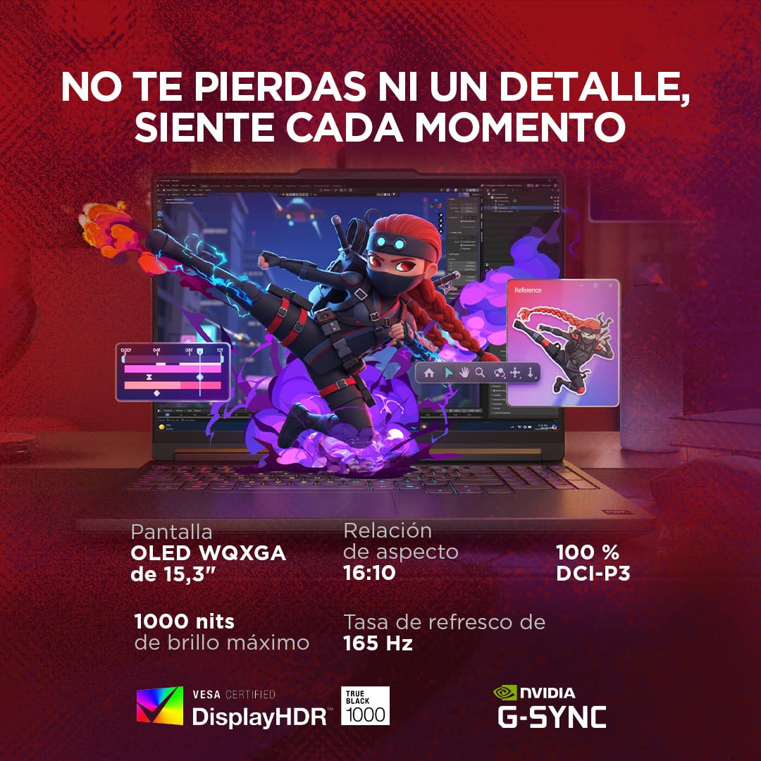 Lenovo Legion 5 Gen 11 - Portátil Gaming IA 15.3" OLED (AMD Ryzen 7 250, NVIDIA GeForce RTX 5050, 165Hz, 16GB RAM, 512GB SSD, Wi-Fi7, Sin Sistema Operativo) QWERTY Retroiluminación RGB, Español-Negro