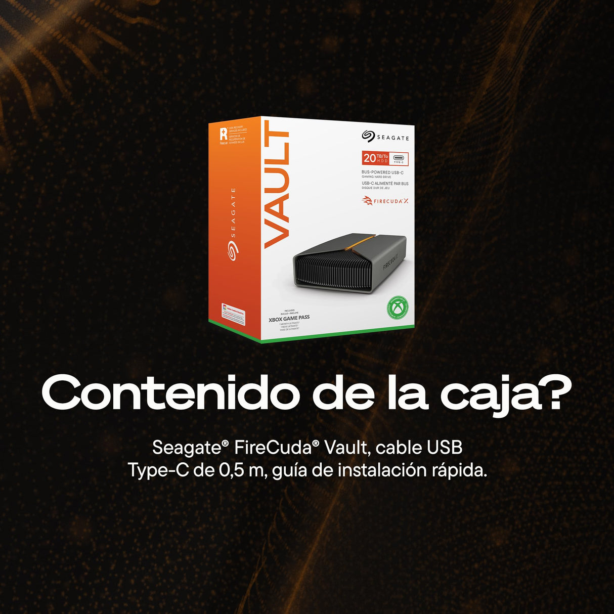 Seagate FireCuda X Vault 20TB Disco Duro Externo portátil USB-C HDD, iluminación RGB, Xbox on PC Certified, Incluye 1 Month Xbox Game Pass Ultimate, Rescue Services (STNL20000400)