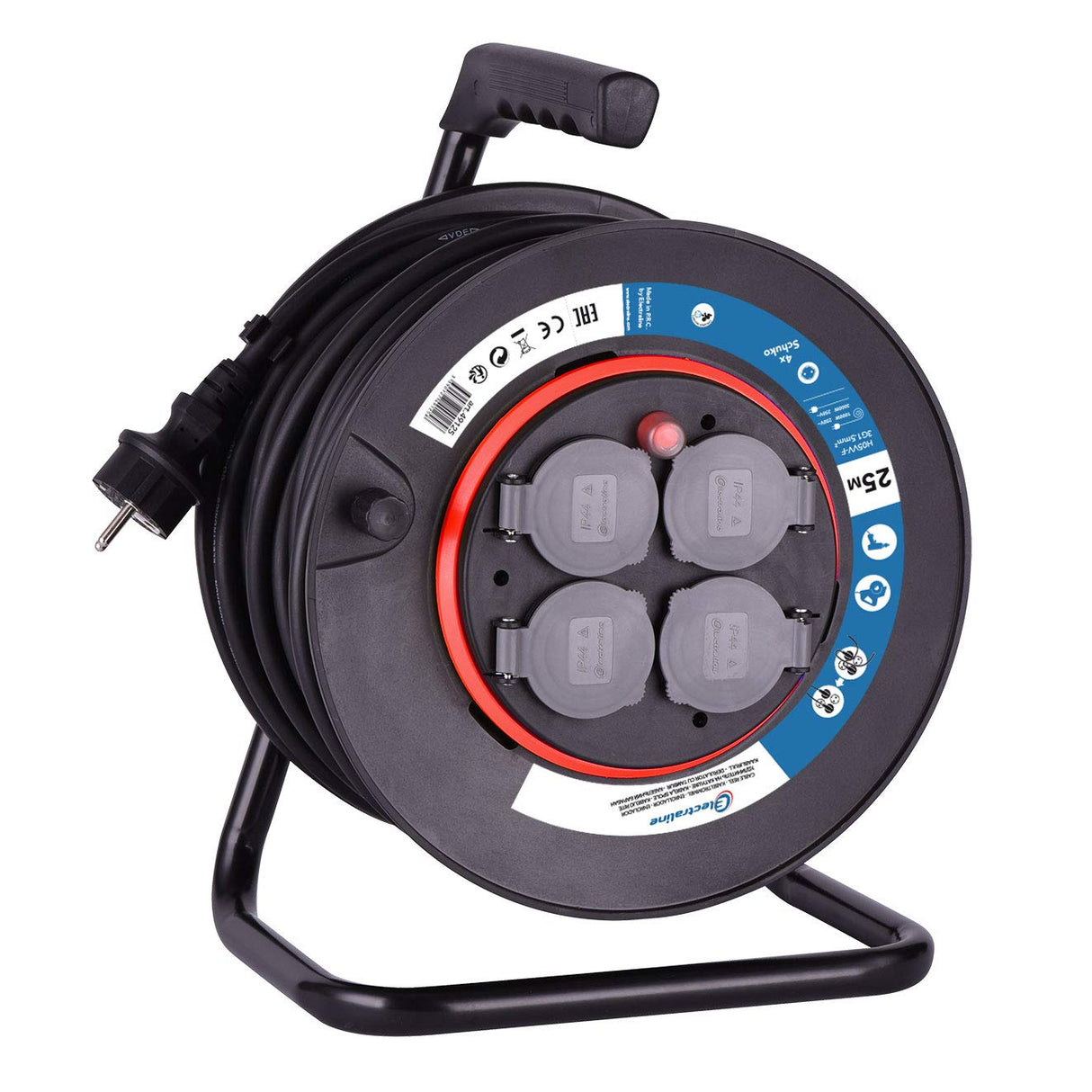 Electraline 49125 Allargador Enrollacables con Tomas de Corriente fijas 25 M, Pletina Fija, Cable H05 VV-F secciòn 3G1,5 mm², Negro, NEW