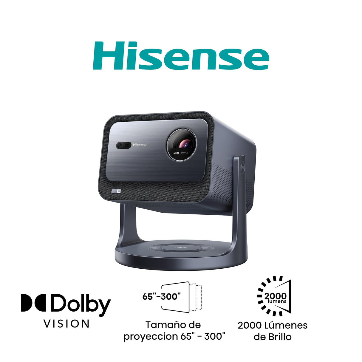 Hisense C2 - Mini Proyector Laser UHD 4K Smart TV, de 65 a 300 Pulgadas, 2000 Lumen, Dolby Vision Atmos, Audio JBL con Subwofer, Fuente Laser Tricolor, Zoom Digital, Autoenfoque, Contraste 1700:1