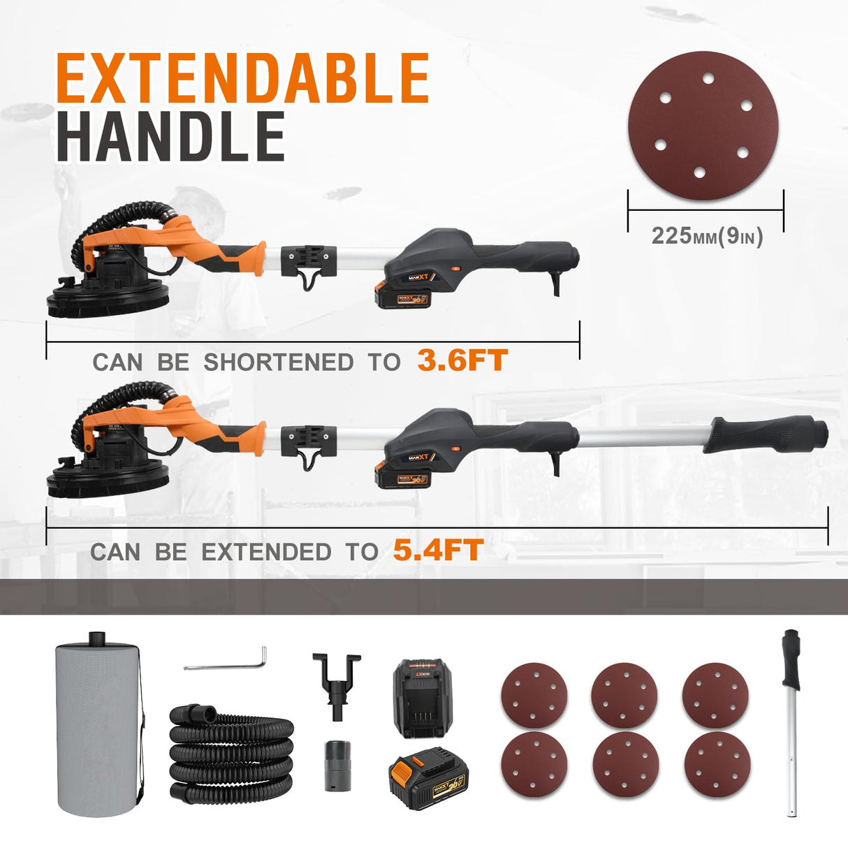 MAXXT Lijadora de pared 20V sin escobillas: Sistema de auto-aspiración, Control de velocidad continuo (600-1200 RPM), Disco de 225 mm, Plegable (extensible 110-165 cm), Para paredes y techos