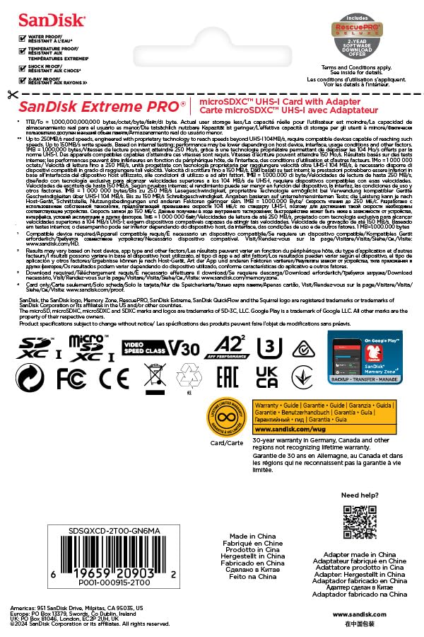 SanDisk Extreme Pro Tarjeta Micro SDXC 2TB + Adaptador SD (para Cámaras de acción, Drones, Smartphones, Velocidad hasta 250 MB/s, 5K, 4K UHD, El Rendimiento A2, RescuePRO Deluxe, UHS-I, U3, V30)