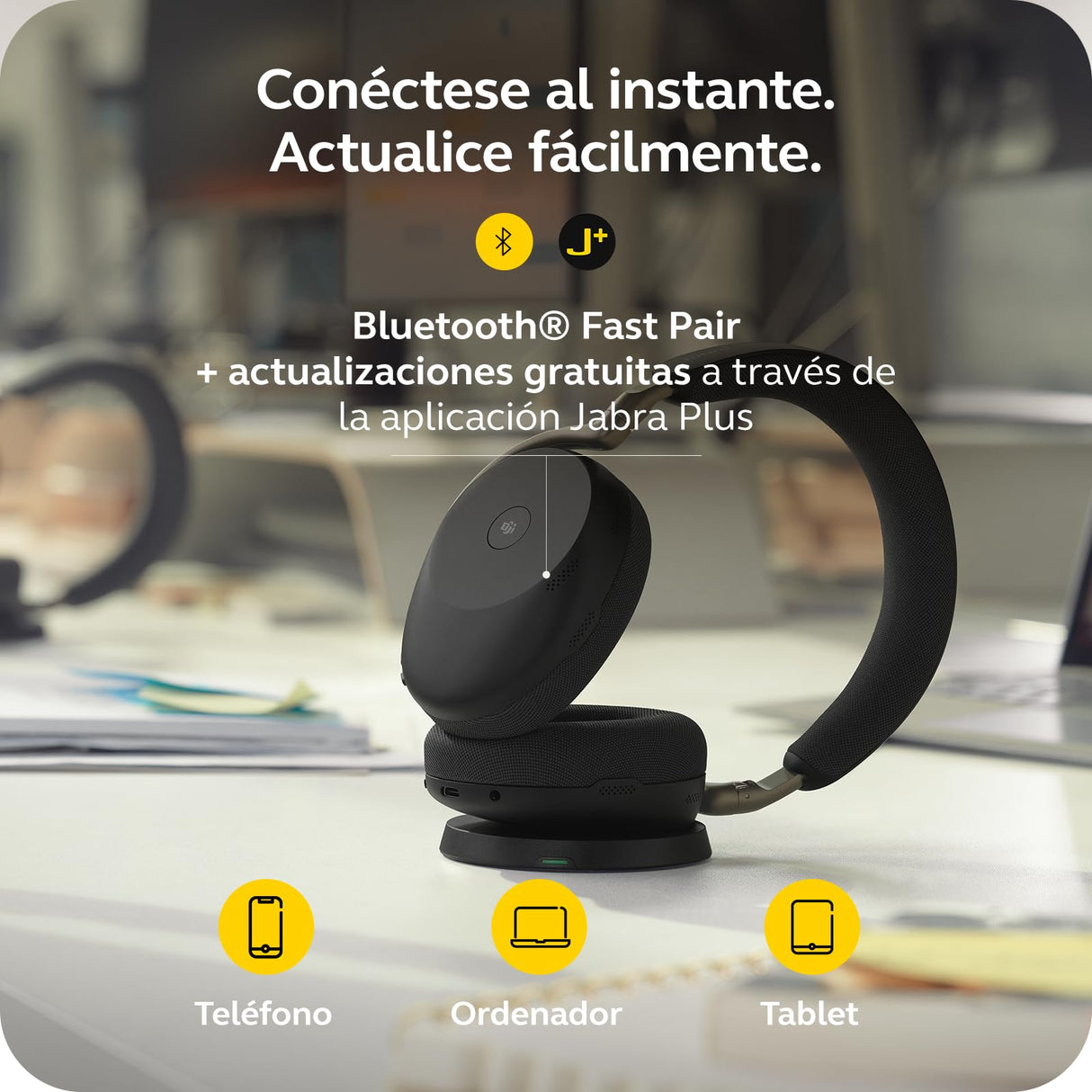 Jabra Evolve3 85 Auriculares Over-Ear Bluetooth Inalámbricos con Micrófono y Base Carga para Trabajo, USB-A, IA Llamadas, ANC Adaptativa, 25h Batería, MS Teams Certificado, Negro
