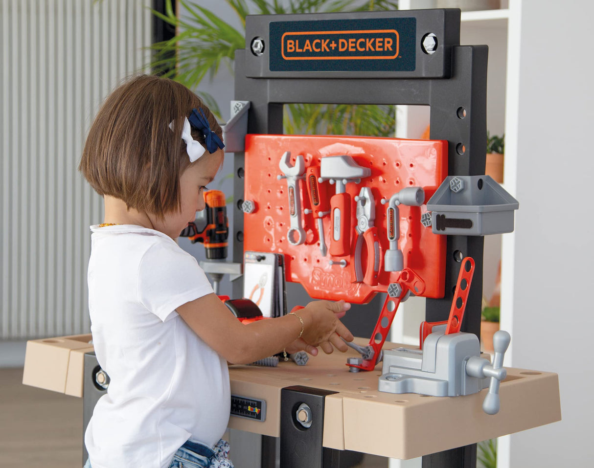Smoby- Black & Decker Bricolo Center, Taller Banco de Trabajo de Juguete, 92 Accesorios, Taladro mecánico, Función de Clavo Sube-Baja (7600360727)