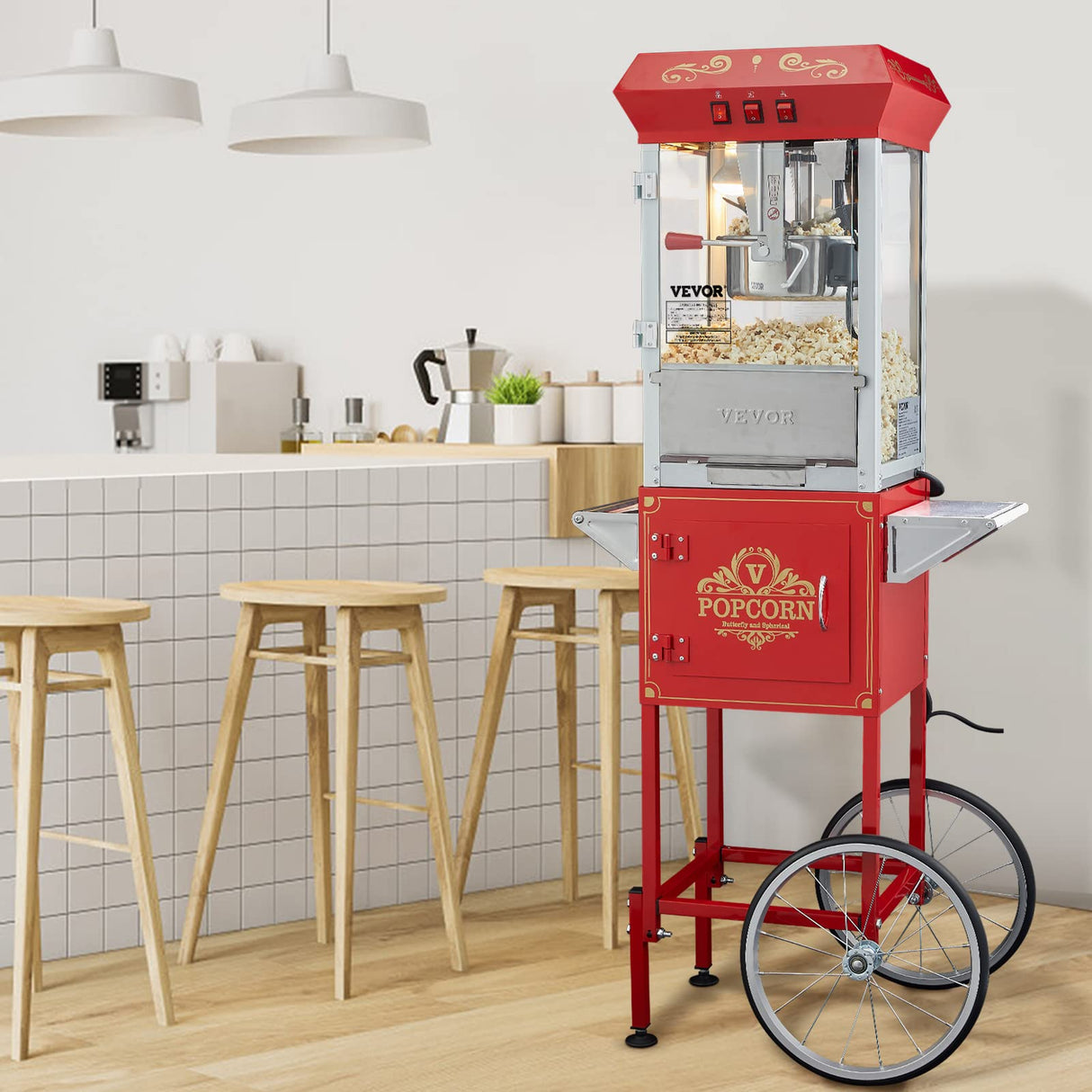 VEVOR Máquina para Hacer Palomitas de Maíz con Carrito, 850 W, Hervidor de 8 oz Que Prepara 48 Tazas por Tanda, con Vidrio Templado, Incluye 4 Palas, Estilo Cine, Color Rojo, 610 x 410 x 1395 mm