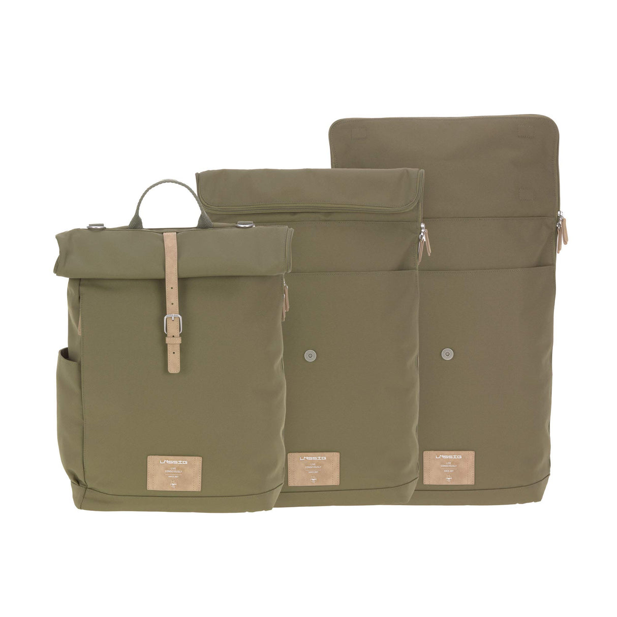 LÄSSIG Bolsa para pañales, cambiador, fijación para cochecito de bebé, soporte para botellas, fabricado de forma sostenible/GRE Rolltop Backpack, verde