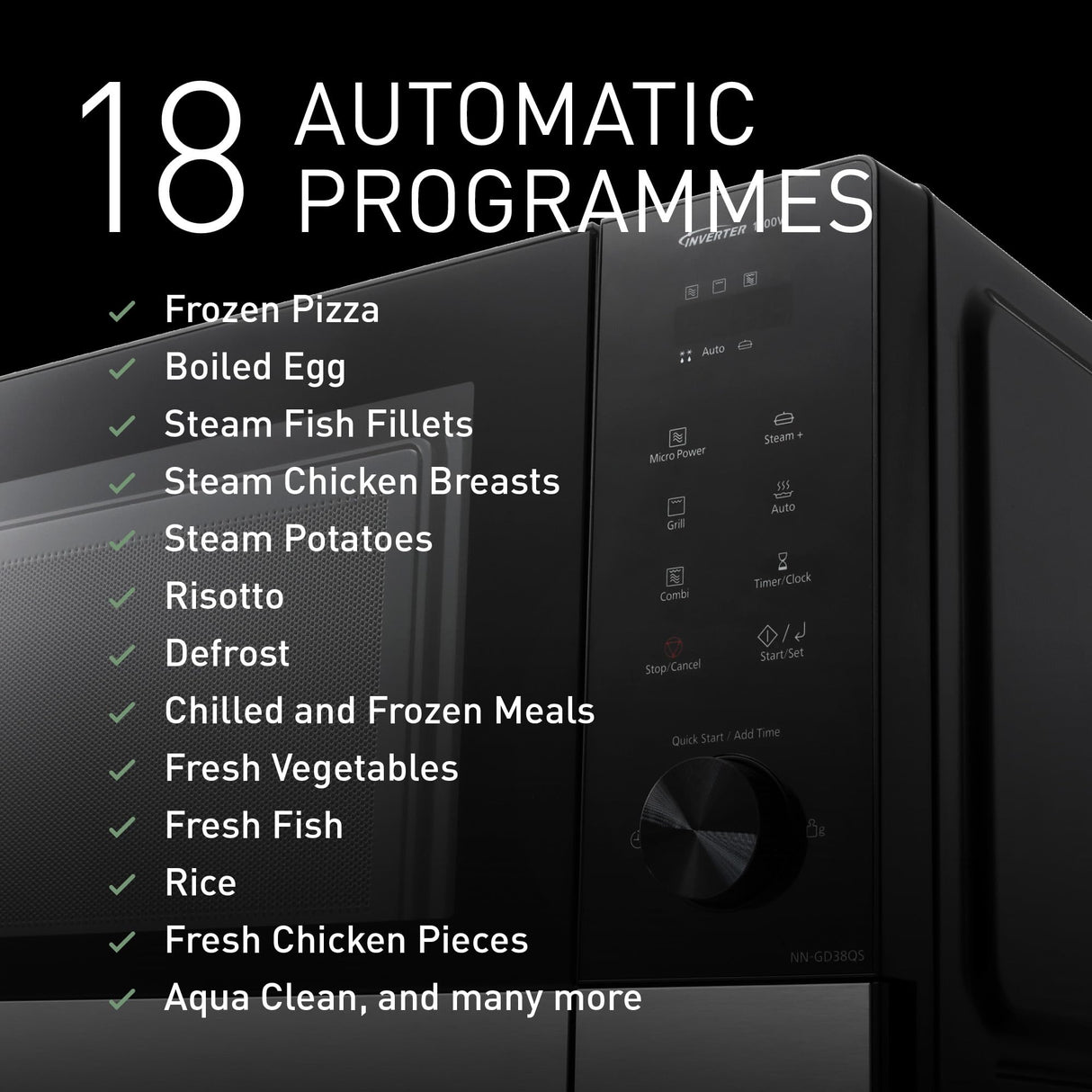 Panasonic NN-GD39QSEPG 29L Horno microondas parrilla de acero inoxidable con plato de vapor, 1000W, descongelación automática, rueda y accesorios