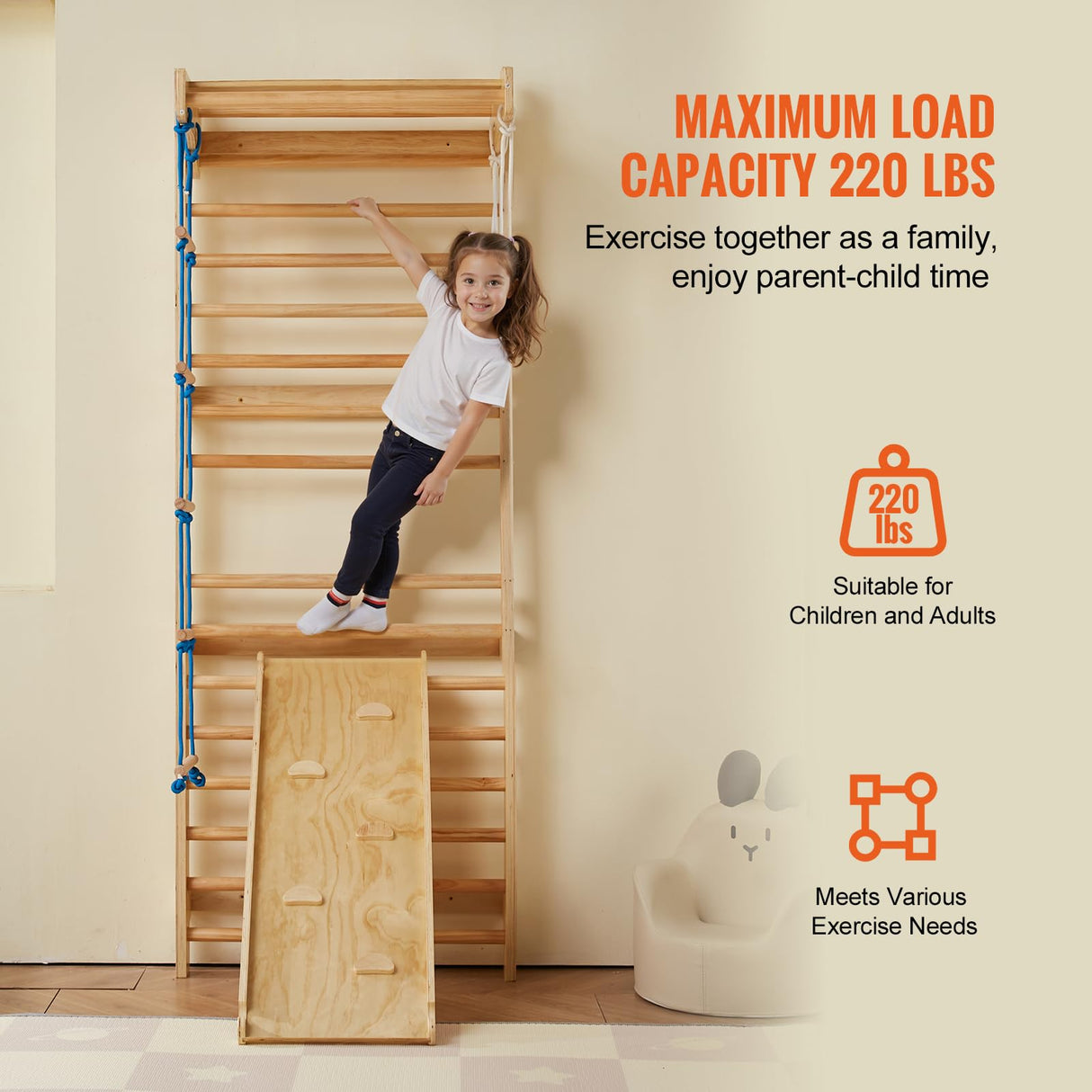 VEVOR 5 en 1 Juguetes de Escalada de Madera, Carga de 99,8 kg, Escalera Sueca de Pared con Barra de Dominadas, Anillos de Gimnasio, Escalera de Cuerda, Escalera de Pared, Tablero Deslizante