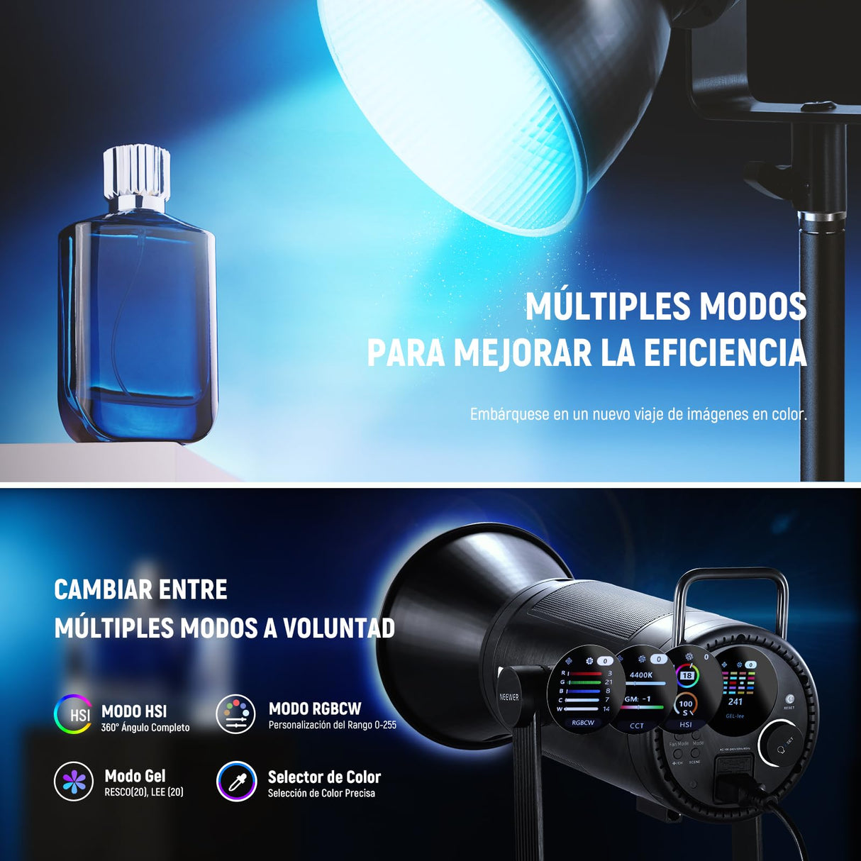 NEEWER Luz Vídeo LED 300W con Reflector, Montaje Bowens, 155000Lux/1m 5600K COB Iluminación Continua CRI97+/TLCI97+ Foco Estudio Regulable, App/2,4G/Control Integrado para Grabación Películas, CB300C