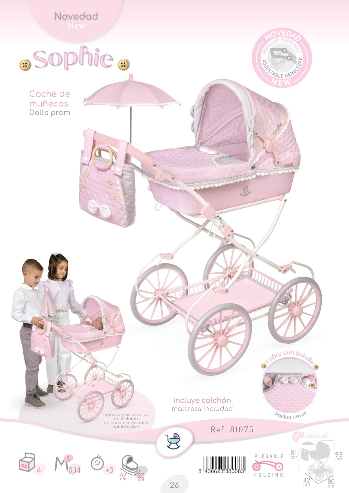 Carro de Muñecas Sophie Plegable con Sombrilla DeCuevas 81075