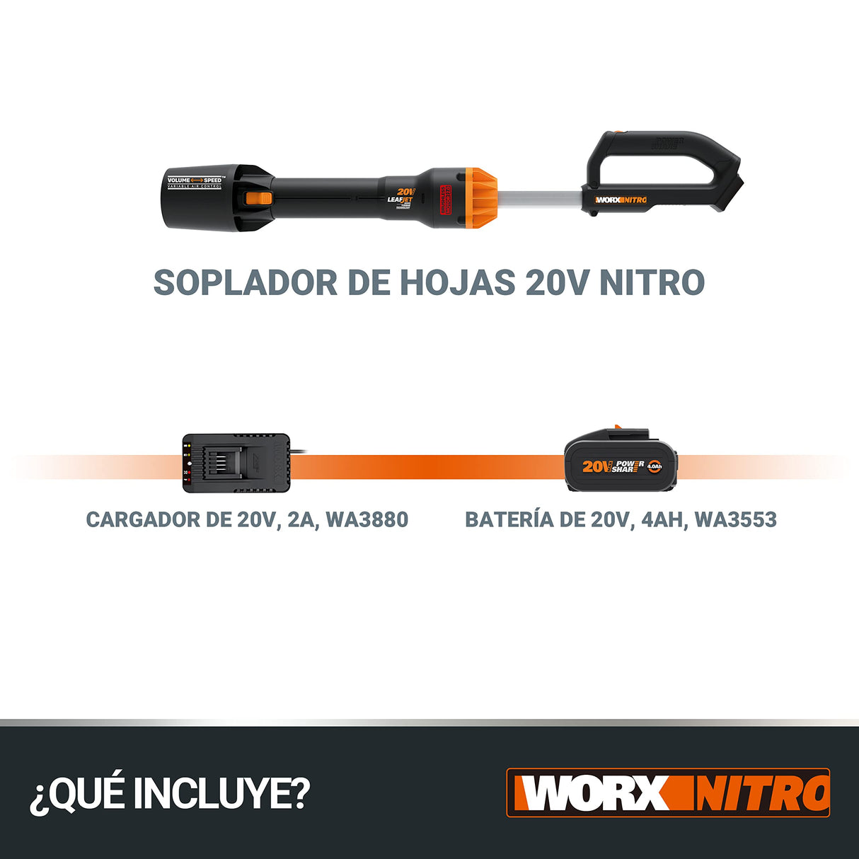 WORX Soplador a batería 20V Máx. | WG543E |Potente Motor sin escobillas | PowerShare | Incluye 1 batería 4.0 Ah y Cargador | 2 velocidades | Turbina con amplificación de Aire