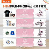 VEVOR 8 en 1 Máquina de Prensado por Calor con Prensa de Vaso de 325-887ml, 300 x 380 mm, Prensa Térmico con Giro de 360° con Control Digital Preciso para Camiseta, Taza, Sombrero y Plato, Rosa