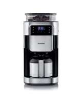 SEVERIN - Cafetera de goteo con molinillo hasta 10 tazas, Cafetera de filtro / Cafetera americana con jarra de cristal de 1l, con pantalla LED con temporizador, Acero inoxidable / Negro, KA 4814