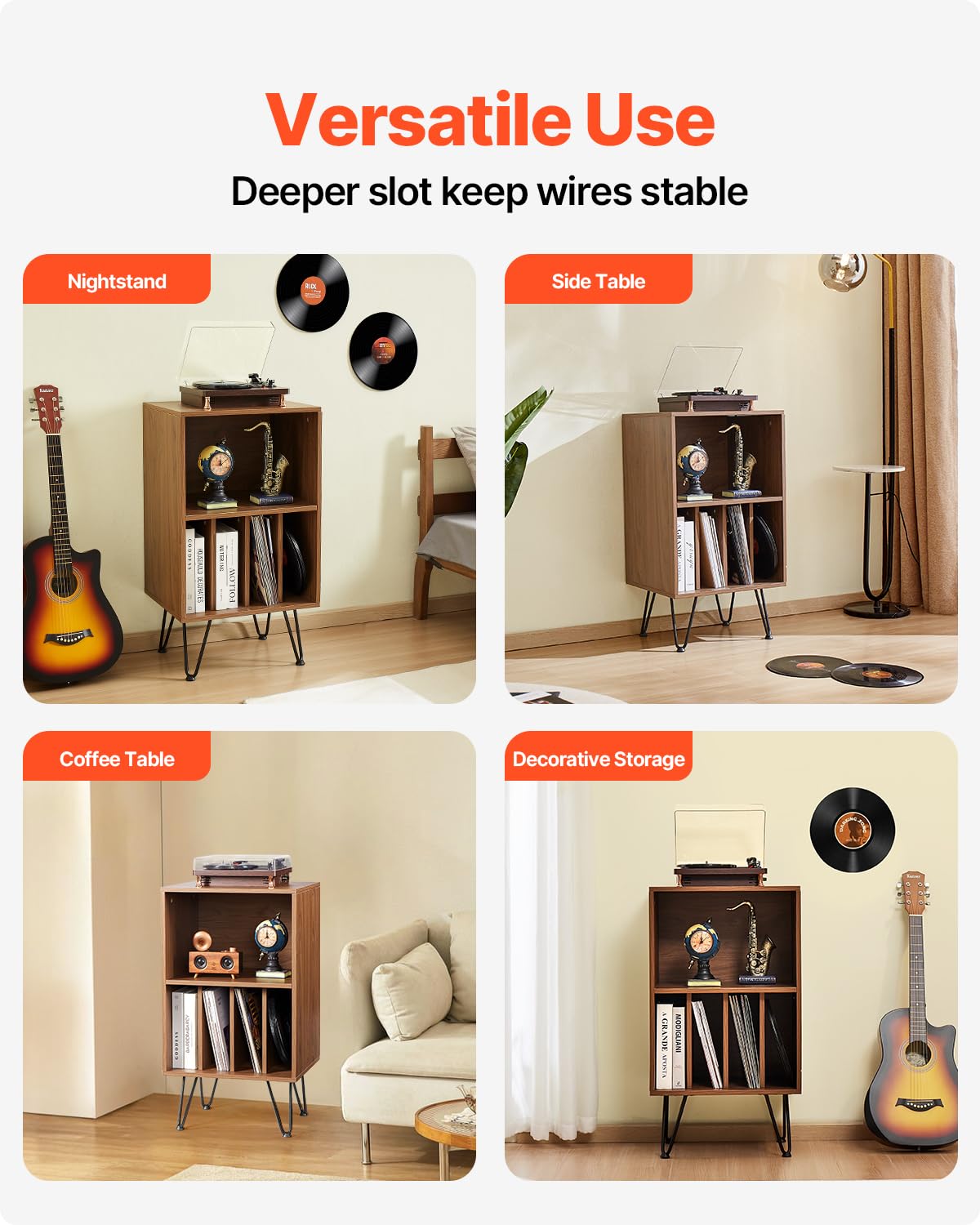 VEVOR Soporte para Tocadiscos 480 x 400 x 860 mm de 3 Niveles Capacidad Hasta 150 Álbumes, Gabinete de Almacenamiento de Discos de Vinilo con Patas de Metal para Dormitorio, Sala de estar, Marrón
