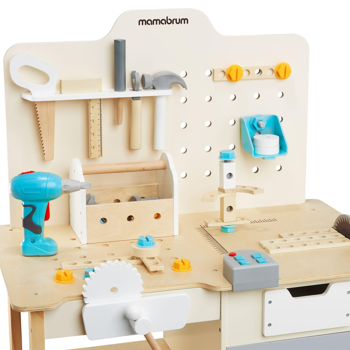 mamabrum Banco Trabajo Madera para Niños - Mesa Herramientas XXL con 74 Piezas, Taladro Eléctrico y Sierra Circular - Altura Ajustable 97-103cm - A Partir de 2 Años