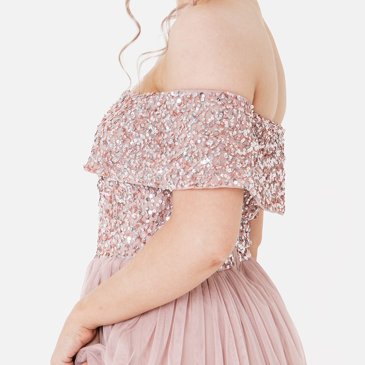 Maya Deluxe Maya Frosted Pink Bardot Embellished Maxi Dress Vestido de Dama de Honor, 10 para Mujer
