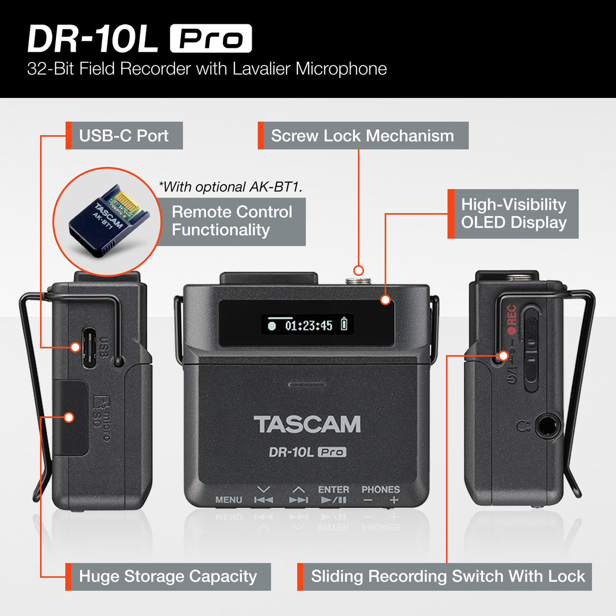 TASCAM DR-10L Pro - Grabadora flotante microlineal de 32 bits con micrófono Lavalier y adaptador Bluetooth opcional para control remoto y sincronización
