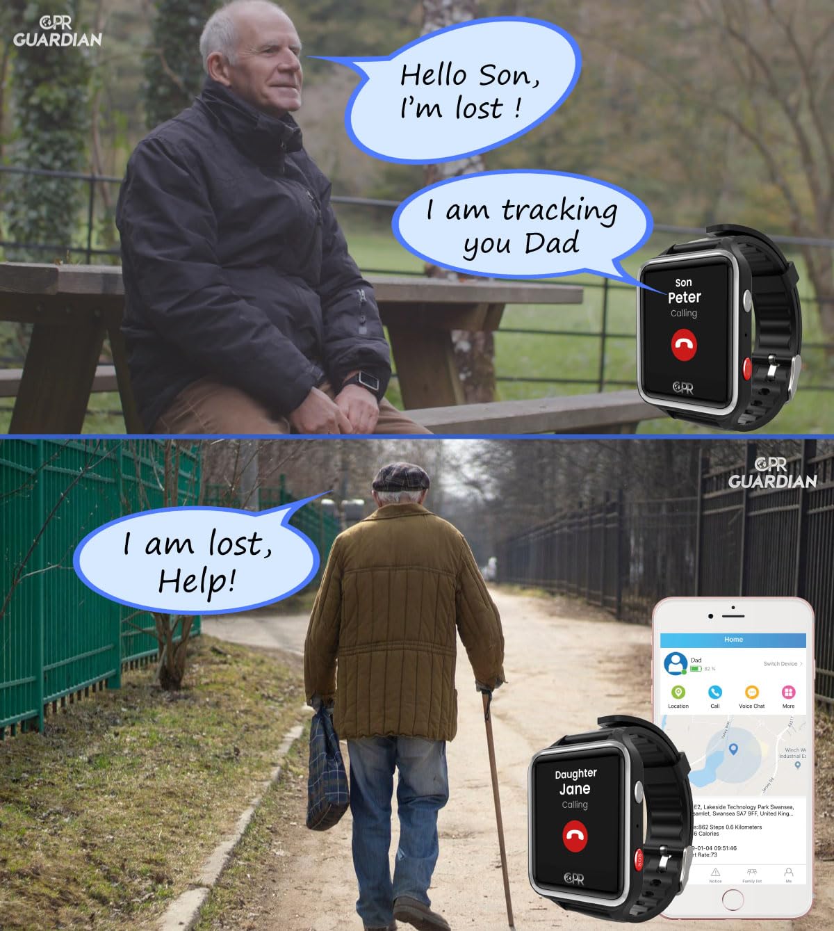 CPR Guardian III - Reloj de Alarma Personal SOS con detección de Alerta de caída y Seguimiento de ubicación por GPS (Negro)