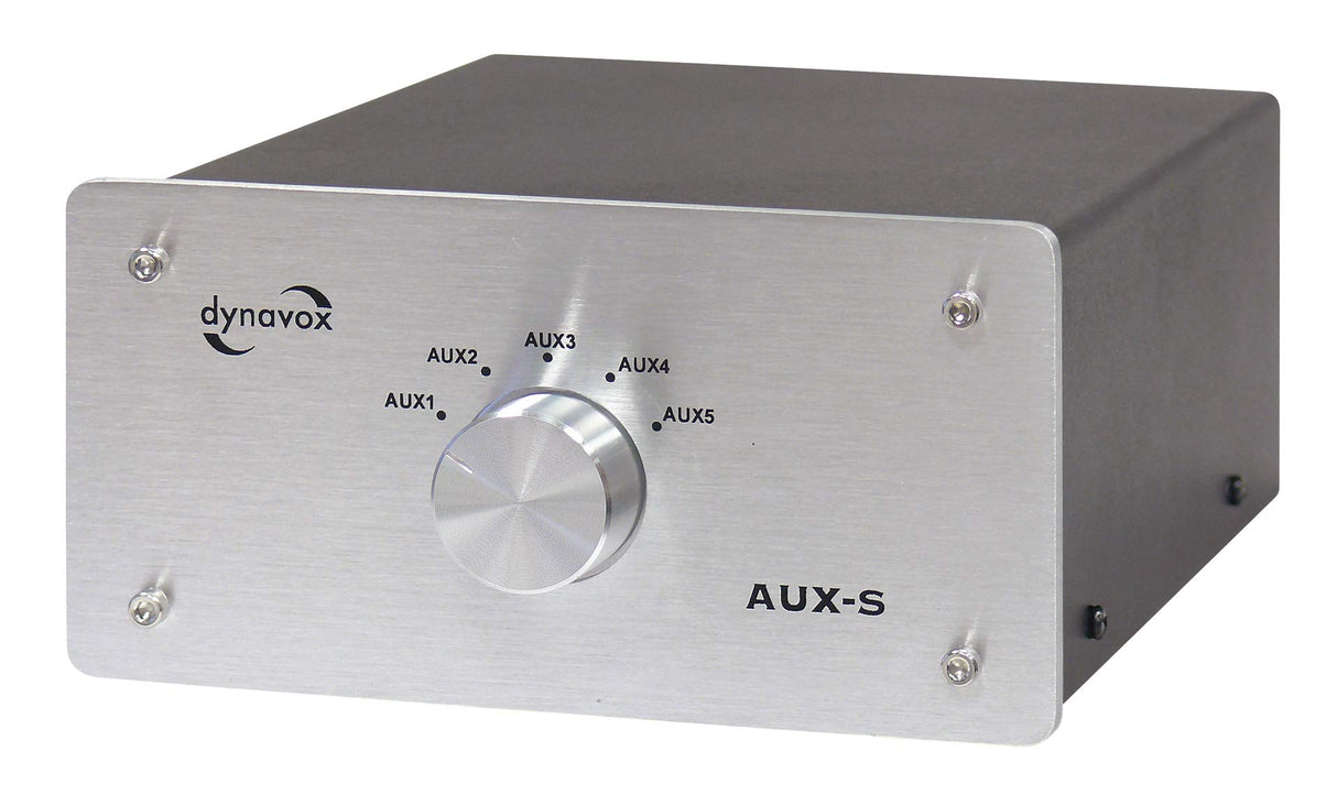 Dynavox AUX-S, Interruptor de expansión de Entrada en Carcasa de Metal con 5 entradas RCA, para amplificadores estéreo y Surround, Color Plateado