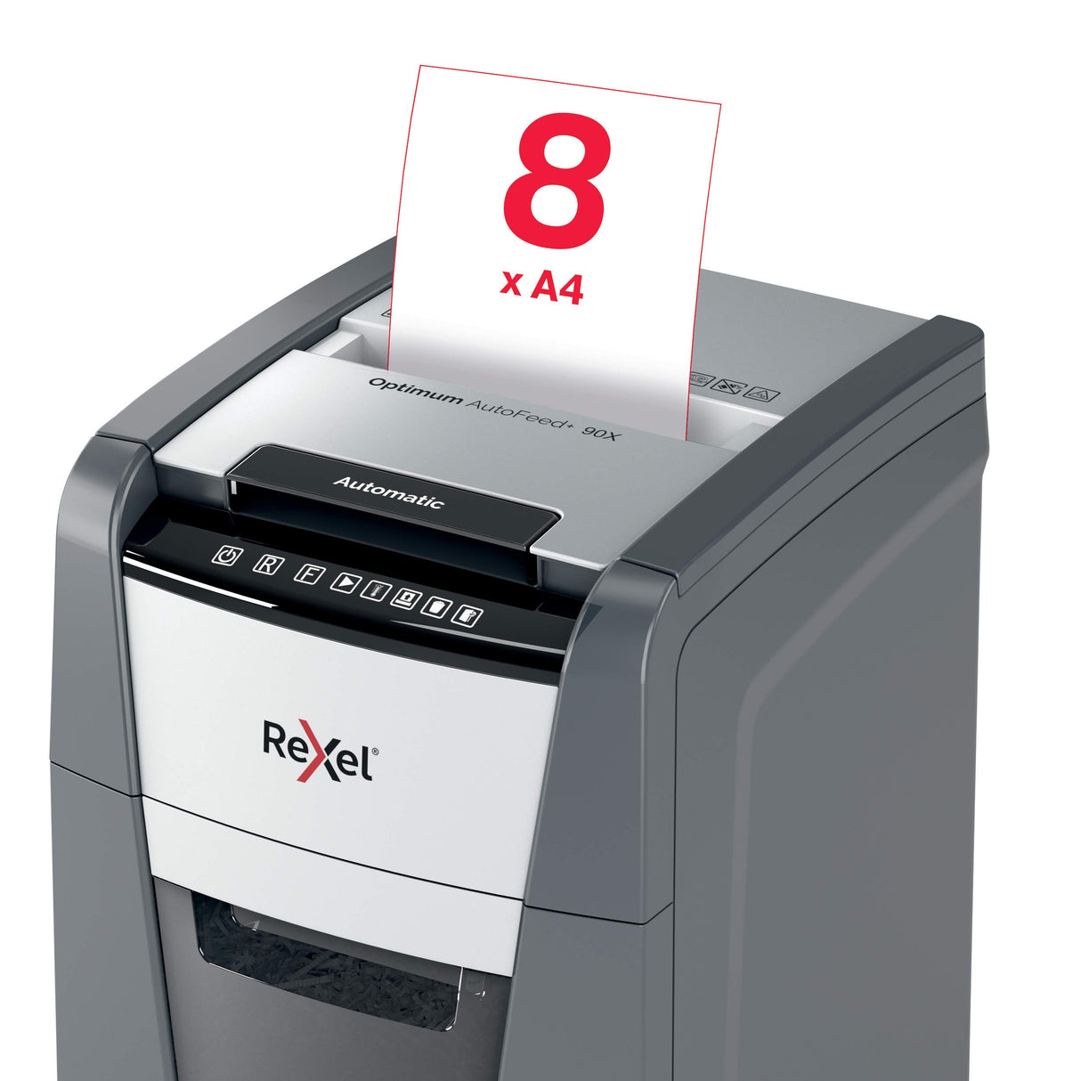 Rexel 2020090XEU - Destructora de Papel Automática Optimum AutoFeed 90X, Corte en Partículas P-4 (4x28 mm), 90 Hojas A4, Papelera Extraíble 34L, Destruye Grapas y Clips, Uso en Oficina