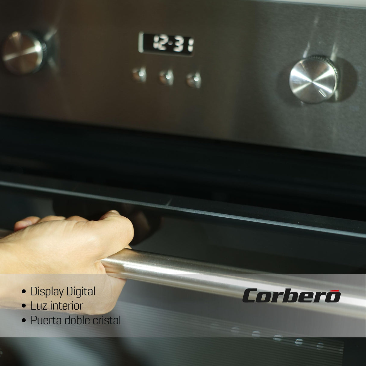 Corberó - Horno Capacidad | CCHMD807XG | 70L | Multifunción, Display Digital, 8 Prog., Guías Extraíbles, Luz Interior, Puerta Doble Cristal | 3000W Potencia | Negro