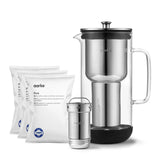 Aarke Purifier, jarra filtrante de agua en vidrio y acero inoxidable (2,4 L / 10 tazas) + pack de 3 bolsas de recarga de filtro Pure