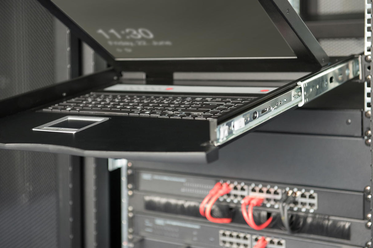 DIGITUS Consola KVM 19" - FullHD - Conmutador de 8 Puertos Cat 5 - Teclado US - para armarios de Servidor y Red de 19 Pulgadas - Negro