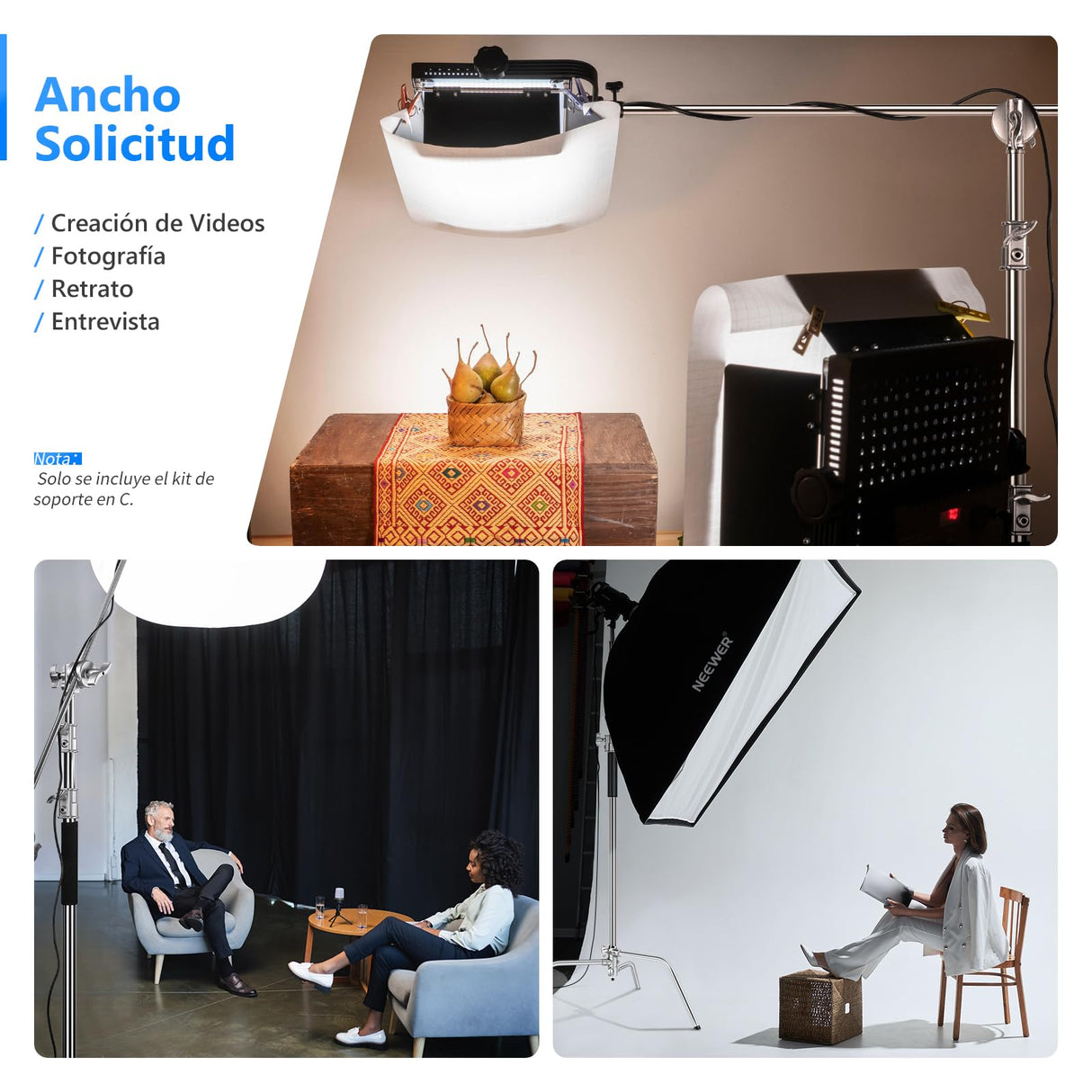NEEWER Pro 100 % Acero Inoxidable Heavy Duty C Stand con Brazo Articulado Altura Máxima de 320 cm Soporte de Luz para Fotografía con Brazo de Sujeción de 4,2 pies/128 cm, 2 Cabezales de Agarre