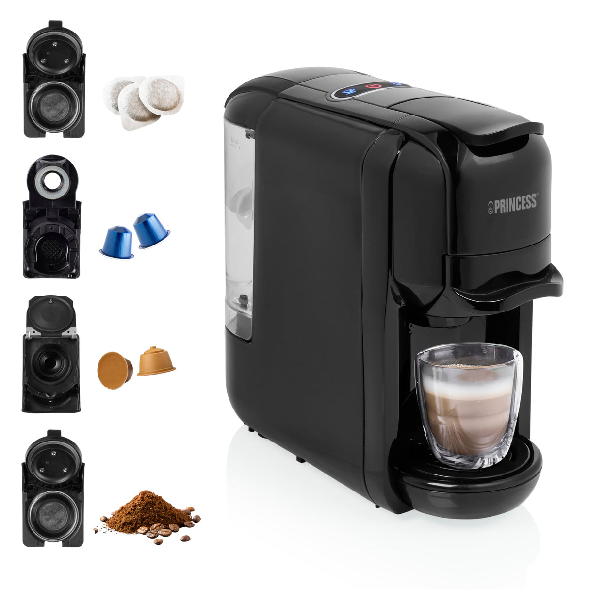 Princess 249452 Máquina de café multicápsulas con adaptadores para cápsulas Nespresso, Dolce Gusto y monodosis ESE, 19 bares de presión, depósito de agua extraíble de 600 ml, 1450 W