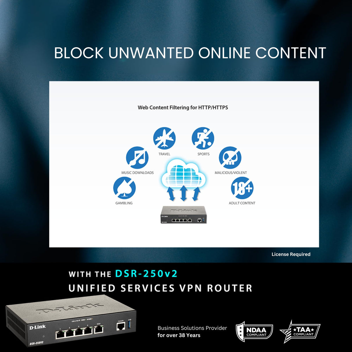 D-Link DSR-250V2 Router Profesional Firewall VPN, Gigabit Multi-WAN, balanceo de Carga, 1p WAN, 3p LAN, 1p WAN/LAN/DMZ, VPN avanzado para securizar teletrabajo, Control de Webs y apps