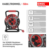 EMOS tambor cable 50 m acero, 4 Schuko, 230 V 16 A 3680 W, goma H07RN-F 1.5 mm², IP44, resistente agua, golpes, aceite, intemperie