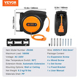VEVOR Carrete de Cable de Extensión Retráctil 19 m 1600 W con Cable de Alimentación de 1 m Protección contra Sobrecalentamiento Carcasa de PP, Soporte Giratorio de 180° para Montaje en Techo, Pared